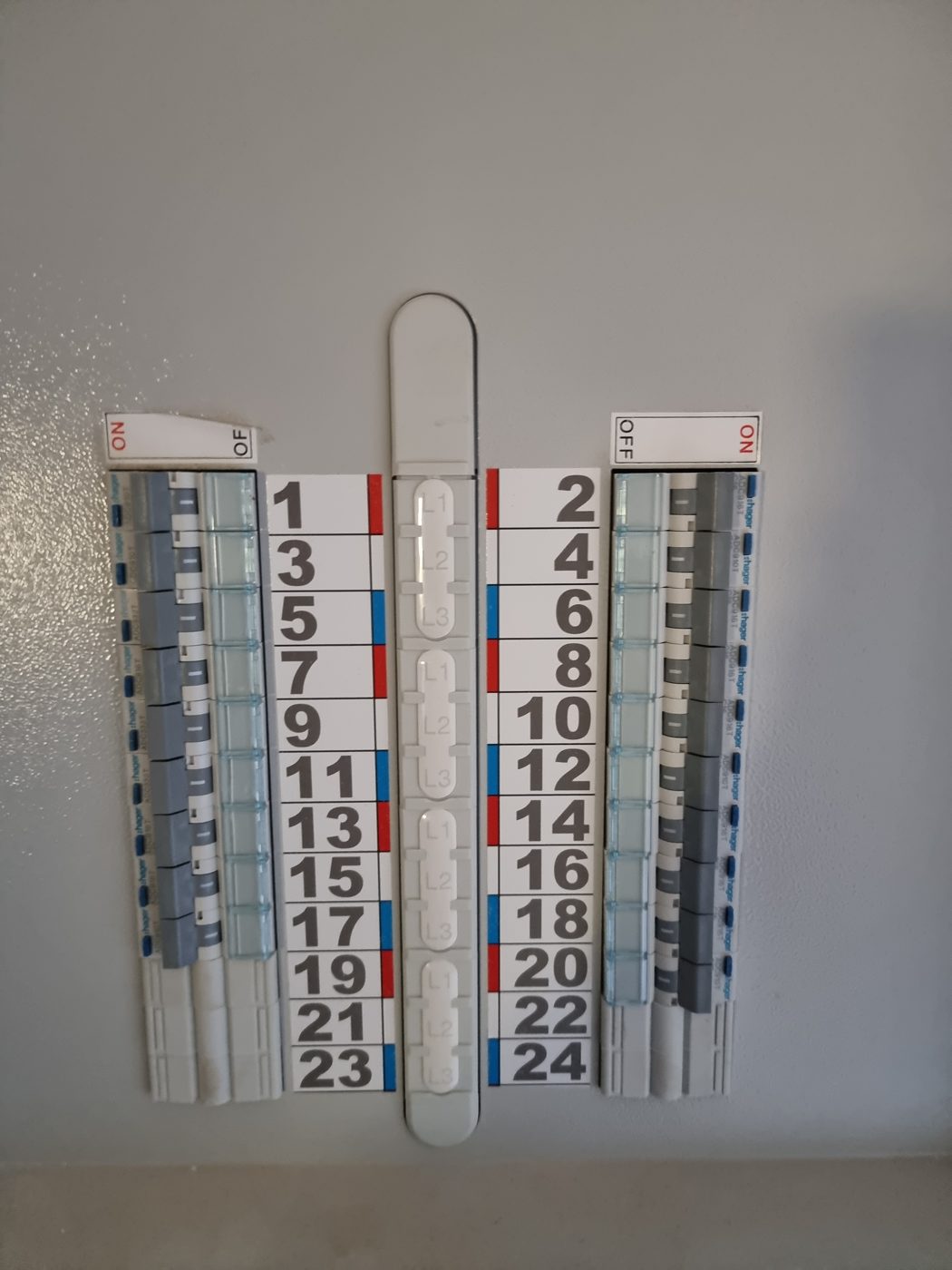 Chassis board with two columns of circuit breakers, numbered 1 to 24 with phase markers