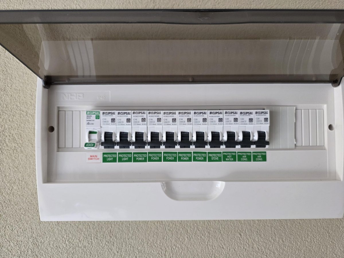 New switchboard with eleven labelled circuits and a main switch